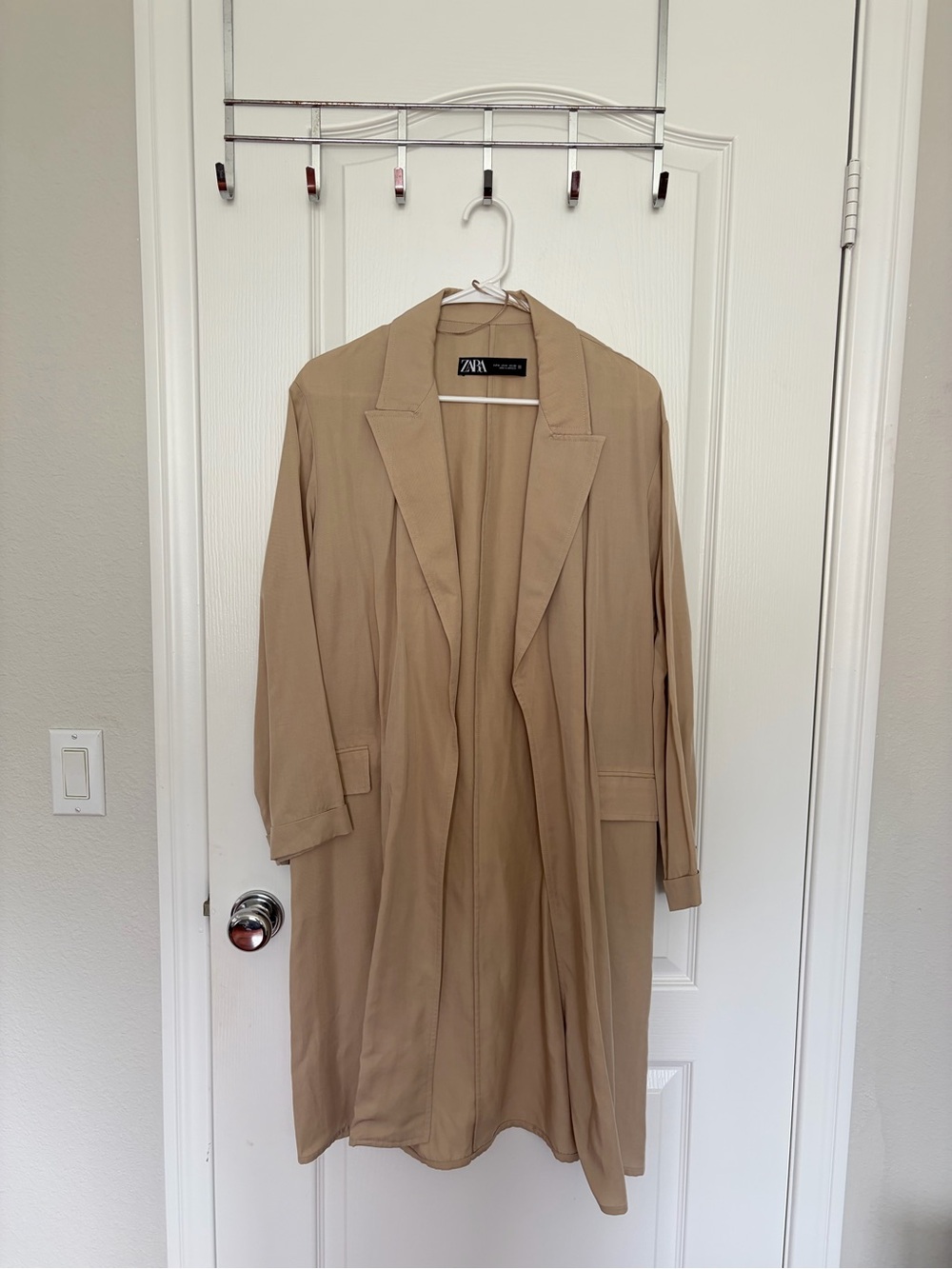 Zara Women's Beige Long Open-Front Trench Coat